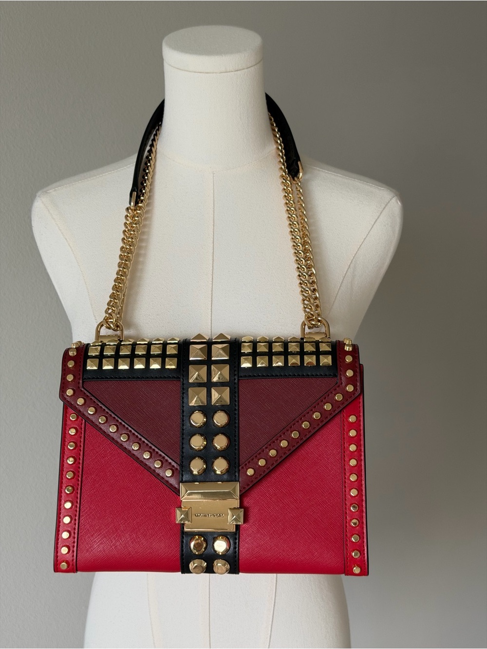 Michael Kors Whitney Studded Chain Strap Shoulder Bag - Red Burgundy Black